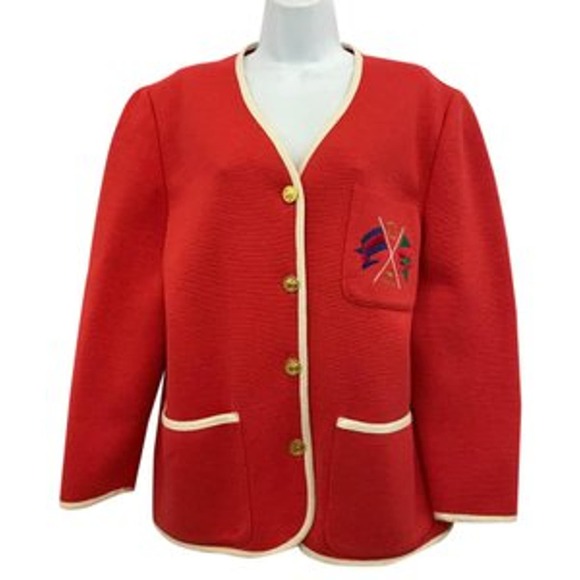 Devernois Paris Made in France White Trim Vermilion Knit Jacket L - Picture 1 of 5